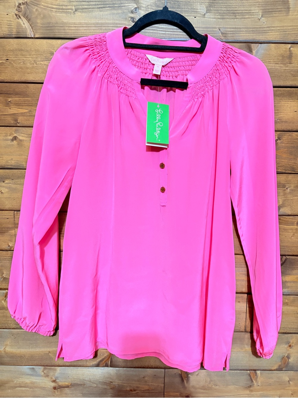 Lilly Pulitzer Flamingo Pink Smocked-Yoke Long-Sleeve Blouse